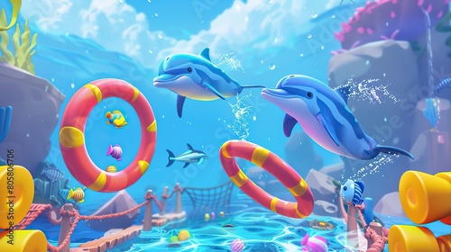 I imagine an underwater cartoon scene depicting the year 2009, with colorful fish swimming among coral reefs under a sunny sky, creating a lively and vibrant underwater world