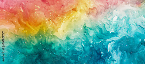 A colorful painting of a rainbow with blue and green swirls