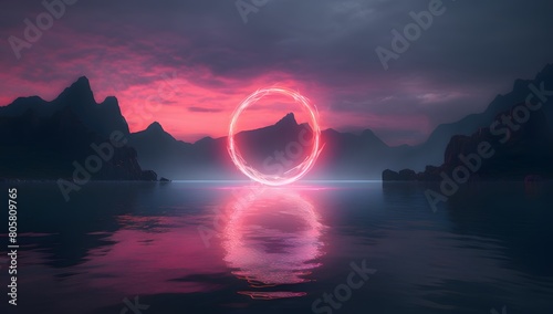 3d render, abstract fantasy background. Unique futuristic landscape with round geometric shape glowing with bright neon light, colorful clouds, and water 
