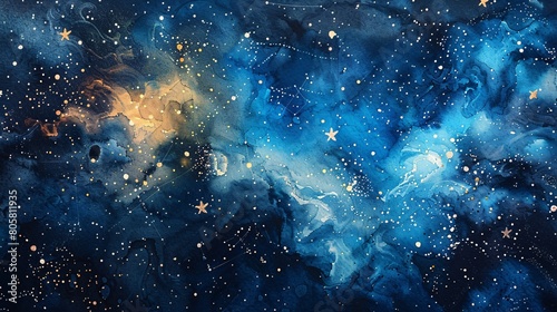 a mesmerizing watercolor portrayal of space, adorned with twinkling stars and the enigmatic Scorpio constellation, delicately captured on textured watercolor paper
