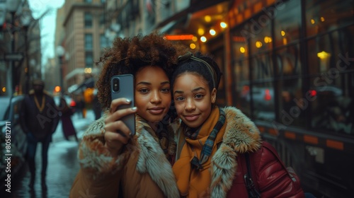 Two African American friends smiling happily while capturing a selfie in the middle of the cityscape, with cars, buildings, winter clothes.