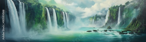 Waterfall cascading into an emerald lagoon, rainbow mist, aerial perspective, hyperrealistic texture