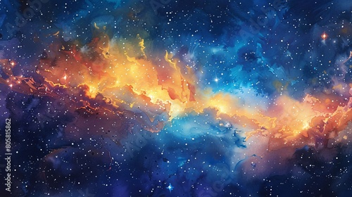 a stunning watercolor depiction of space, featuring a rich tapestry of stars and the ethereal Aries constellation, elegantly crafted on textured watercolor paper