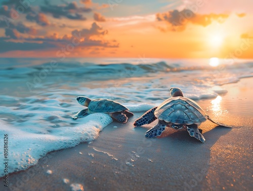Rehabilitated Sea Turtles Released Back to the Ocean at Sunrise on Tropical Beach