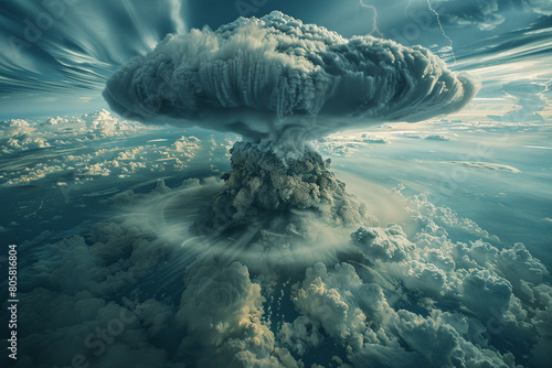 Depict a billowing mushroom cloud reaching high into the sky, with tendrils of smoke and ash spreading outwards