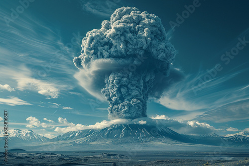 Depict a billowing mushroom cloud reaching high into the sky, with tendrils of smoke and ash spreading outwards