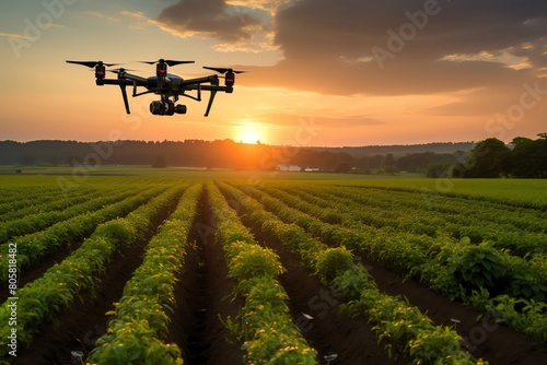 Drone over smart farm, green crops, 50 tech, sunset, productivity focus scene