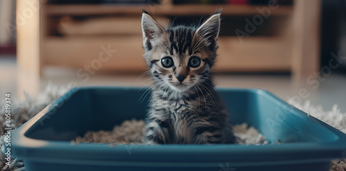 Cute cat sitting in the blue litter box, closeup shot with blurred background of home interior, Generative AI