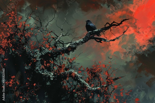 A black bird sits on a branch of a tree with red leaves