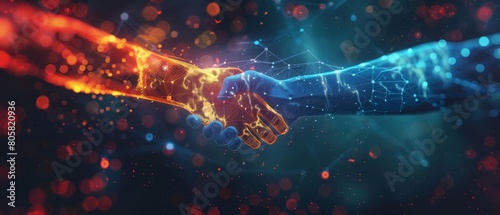 Human and digital connection handshake blends real and virtual interactions, sharpen banner template with copy space on center