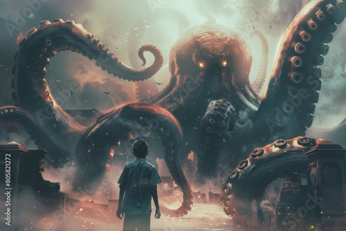 A boy stands in front of a giant octopus