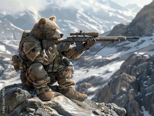 A bear wearing military gear and holding a sniper rifle in the mountains.
