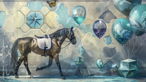Horse club with themed fluids, corral designs, a regal butterfly, equestrian navigator, and equine balloons.