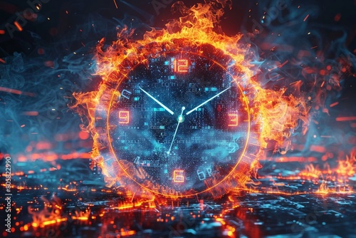 The HUD virtual clock represents the convergence of technology and time, ticking away relentlessly in a world of contrasting elements like fire and frost.