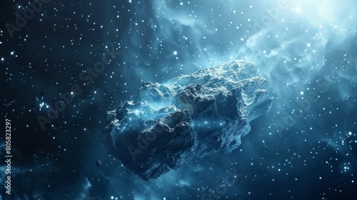 Innovative holographic space technology, levitating meteorite, otherworldly cosmic occurrence