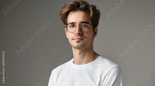 Daylight portrait of young handsome caucasian man isolated on grey background, dressed in white t-shirt and round eyeglasses, looking at camera and smiling positively hyper realistic 