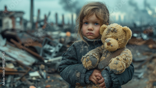 a young child clutching a teddy bear amidst the ruins of a devastated area, reflecting the innocence in the face of adversity