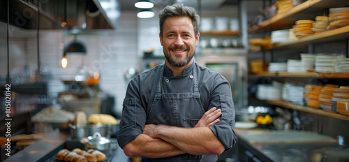 A chef stands in a kitchen with his arms crossed, smiling