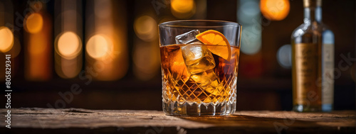 Artfully presented old-fashioned cocktail on a rustic wooden bar, accented with orange peel, and softly lit bottles in the backdrop, capturing cinematic allure.
