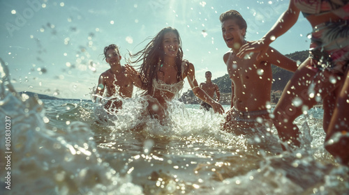 A group of smiling people swim and hang out in the sea waves. Expressive emotional reaction. The pleasure of relaxation and vacation. Splashes from sea water