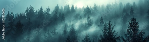 A mysterious forest enveloped by fog and darkness.