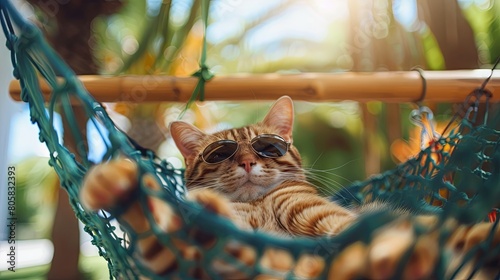 Relaxed tabby cat lounging in a blue hammock with sunglasses
