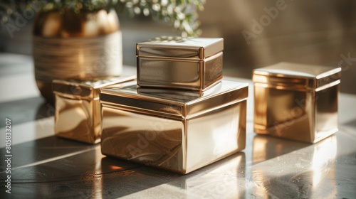 Golden Reflective Cosmetic Boxes with Plant Decor