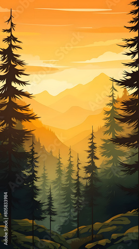 enchanted pine grove, sunrise painting evergreens in golden hues, shadowed mountainscape