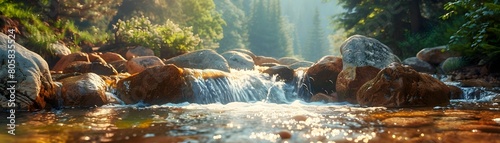 Rocky Mountain Stream with Cascading Clear Cold Waters Flowing Over Boulders in Serene Natural Landscape Setting