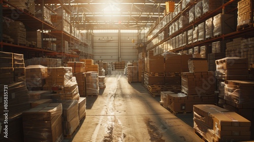 Huge warehouse with pallets full of cardboard boxes and cartage. 