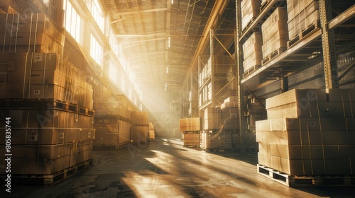 Huge warehouse with pallets full of cardboard boxes and cartage. 