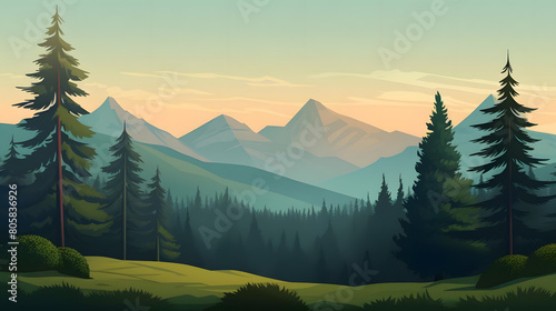 tranquil morning in the evergreens, peaceful dawn in pine forest, mountains in quiet reverie
