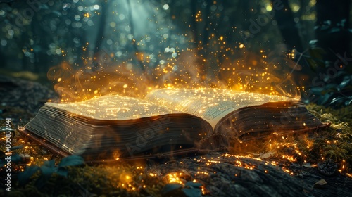 Magical book open in a forest clearing casting spells