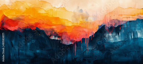 A painting of a mountain range with a sunset in the background