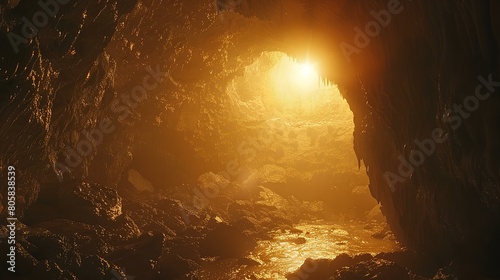 underground cavern exploration, featuring brightly lit underground caverns that reveal striking geological formations and the depths of subterranean beauty, 