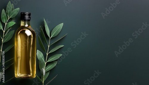 still life with olive oil, bottle of champagne with leaves, sunflowers with leaf leaves with glass bottle of olive oil. Mock up presentation