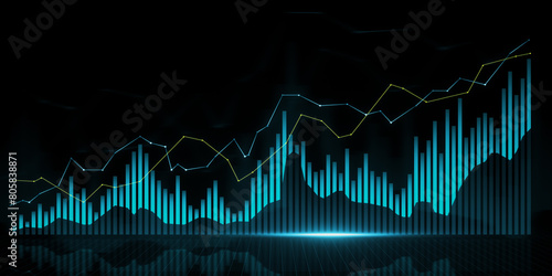 Creative growing candlestick forex chart on blue grid wallpaper. Financial growth and stock concept. 3D Rendering.