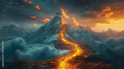 A glowing trail leads to the summit of a mountain, symbolizing the journey of business success. Embrace the concept of development, growth, and strategic achievemen