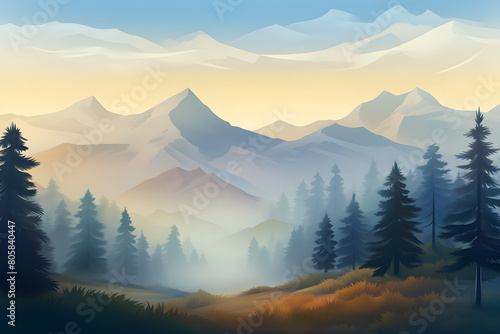 veiled splendor, ethereal pine forest veiled in morning mist, majestic peaks in distance