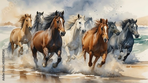 Horses running in the water. Watercolor painting. Horse racing.
