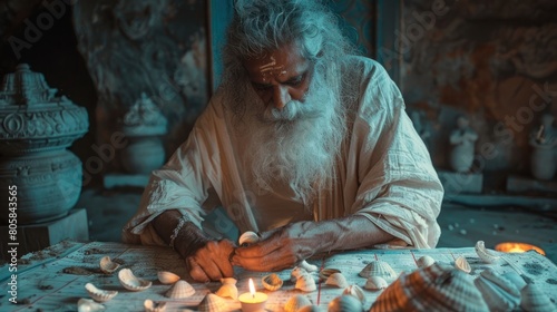 The bearded priest or jyotishi places cowri shells on the chart and counts them to predict the future