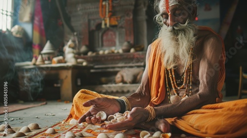 The bearded priest or jyotishi places cowri shells on the chart and counts them to predict the future