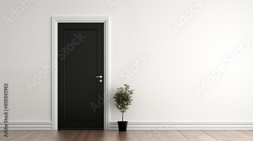 A minimalist room with a contrast of a black door against a white wall. The hardwood flooring complements the black door, creating a modern aesthetic.