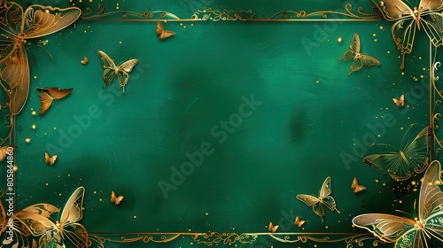 A rich emerald green background with golden flower and butterflies frame on it abstract background 