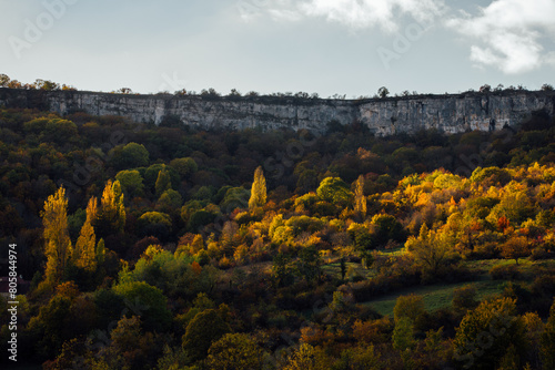 Falaises de Saint-Romain en Bourgogne. Paysage automnal. Une forêt en automne. Des arbres jaunes pendant l'automne dans une forêt au pied d'une falaise. Bande rocheuse.