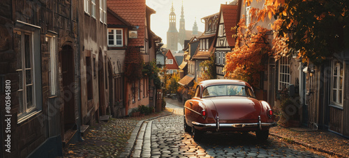 A red car is parked on a cobblestone street in a town