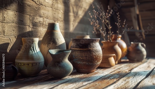 Different types of pottery are placed on a wooden surface, Australian landscapes, minimalistic style, naturalistic light and shadow, and a combination of natural and man-made elements.