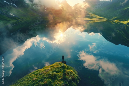 Solo backpacker standing on green hill watching sunrise reflections in a calm mountain lake