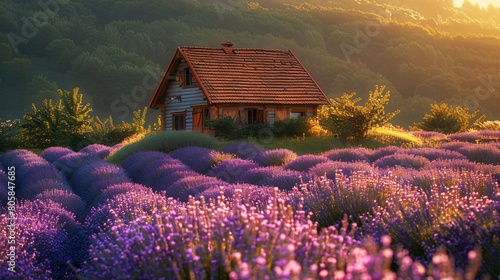 Small house in a lavender field, beautiful spring landscape, morning light enhancing the vibrant lavender flowers