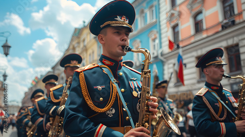 A military musical band marches at a festive military parade on the street, celebrating remembrance and independence day.